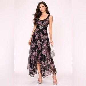 Dark Floral Mesh Overlay Maxi Dress w/ Rhinestone Heart Belt Size 10 Whimsigoth